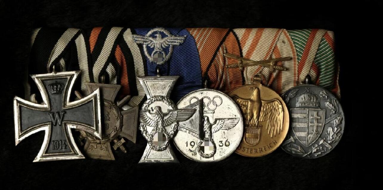杂勋专场 德国1936柏林奥运会奖章与二级铁十字勋章礼服挂六联排，该联排二级铁十字勋章为非常少见的aws产二战制造的一战二级铁十字勋章