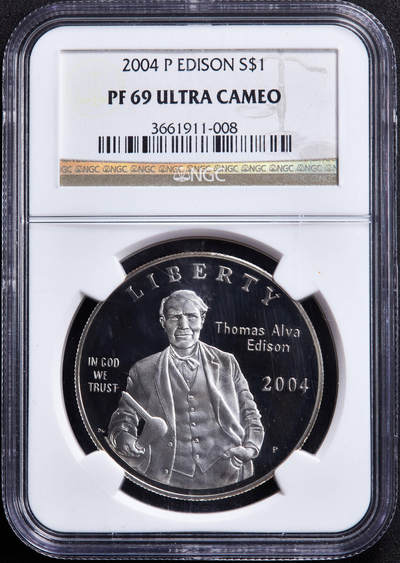 【俄甄集藏】马年新春第一拍 2026年(048)02-25星期三 晚 19:30 全场包邮 - 美国2004年P版纪念爱迪生发明灯泡125周年1美元精制大银币，NGC PF69UC，重26.73克，900银