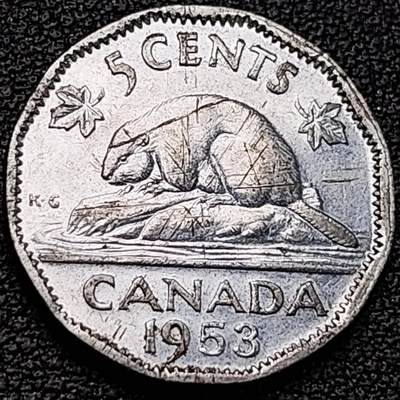 泉币菌-第187场- 精品福利场 （本周五和之前拍的 2月14日发货） - 1953年加拿大5分镀镍钢硬币 21mm 纪念币铜钱 