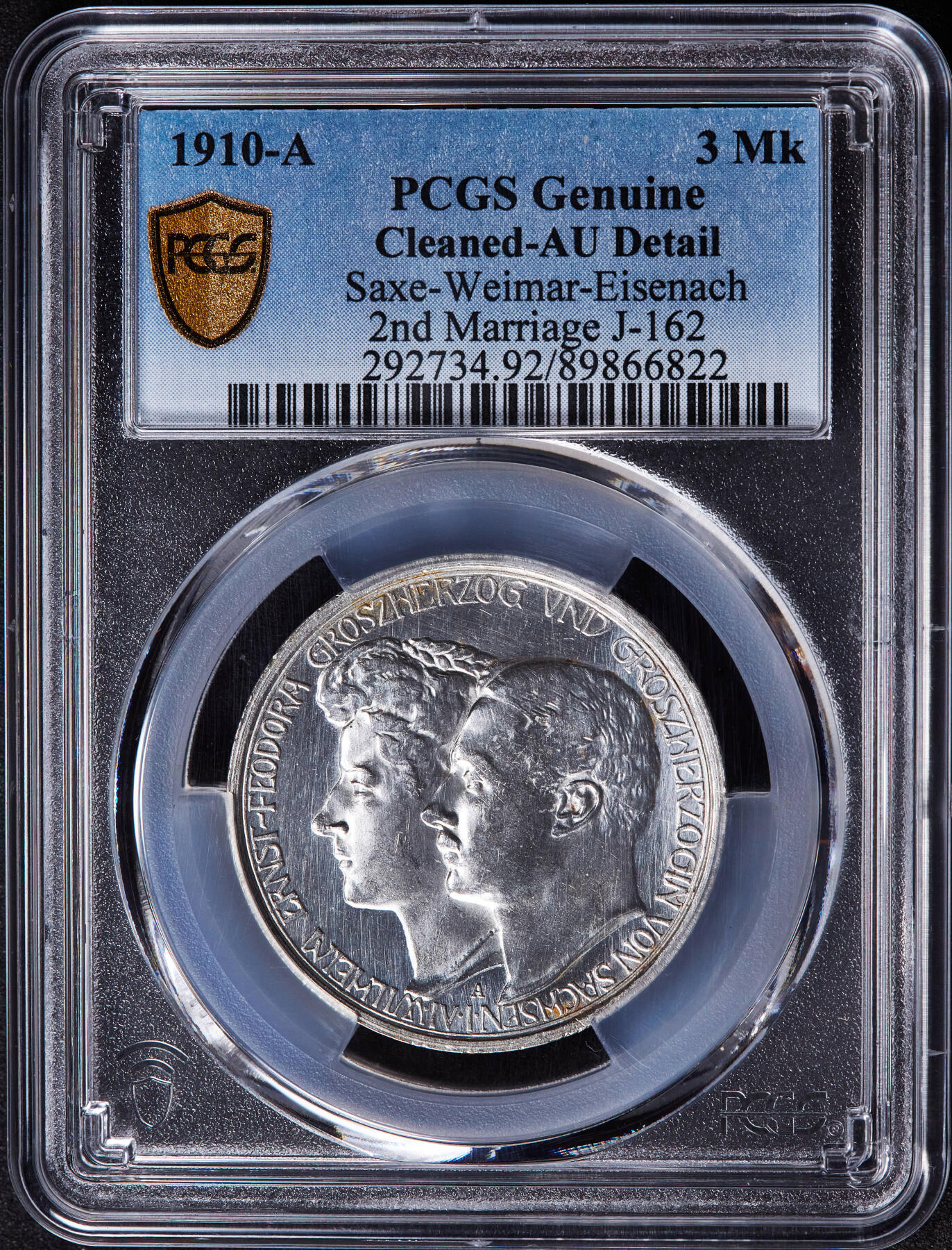 【俄甄集藏】马年新春第一拍 2026年(048)02-25星期三 晚 19:30 全场包邮 德国1910年A版萨克森-魏玛-爱森纳赫威廉·恩斯特大公同费奥多拉结婚3马克银币，PCGS AUD，底板凝霜，少见品种