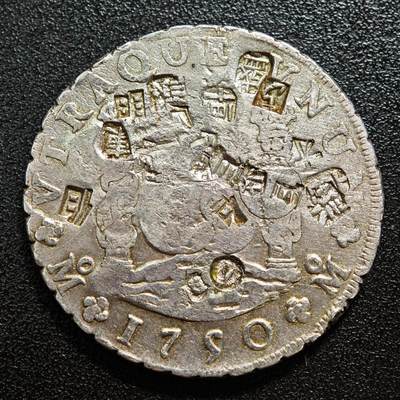 【德藏】世界币章拍卖第165期（拍品征集中~欢迎藏友联系） - 1750年 西班牙卡洛斯六世墨西哥造币厂 8瑞尔地球双柱银币 有戳 直径约：39.7mm；重约：26g