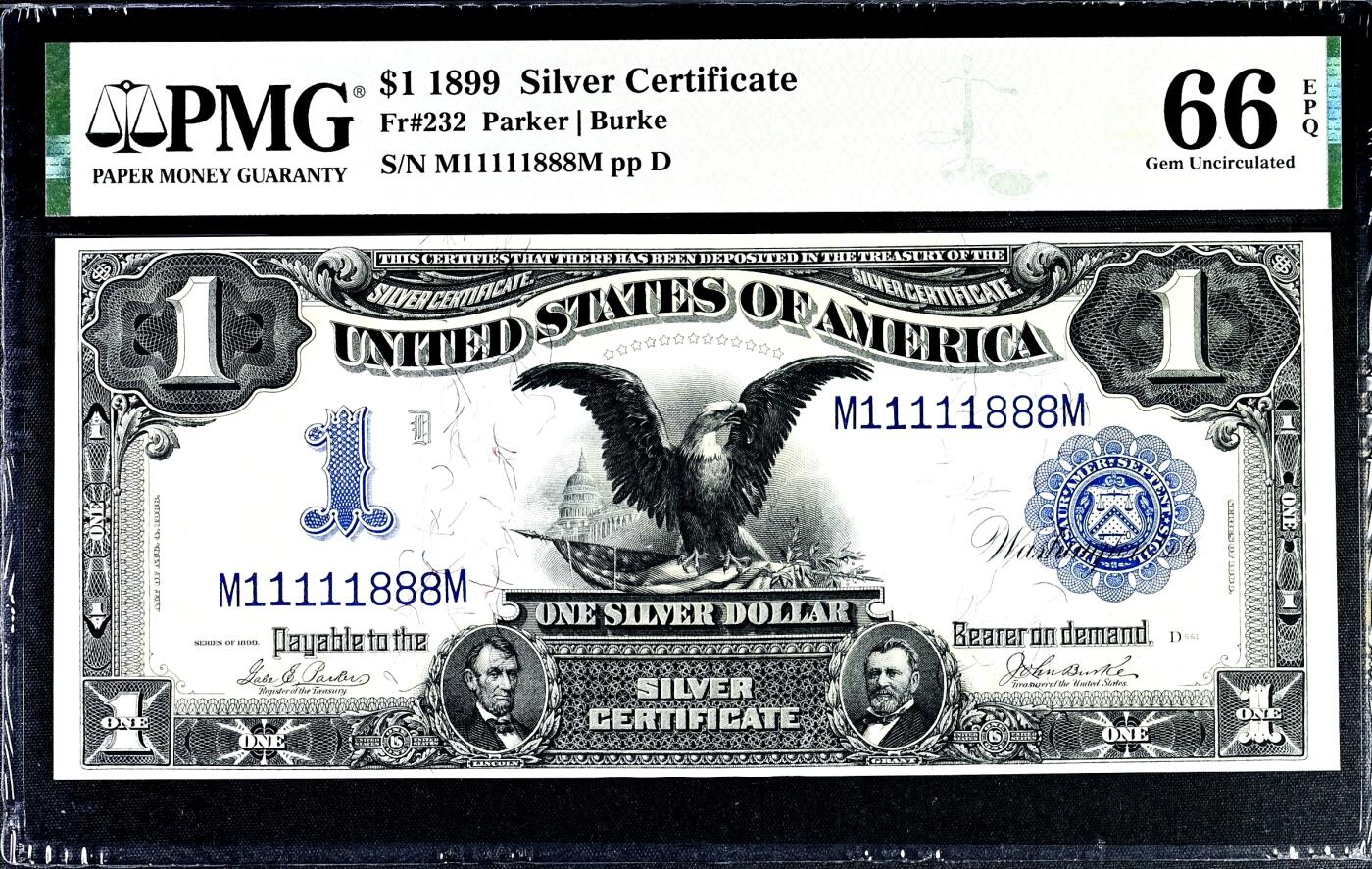 【Blue Auction】世界纸币精拍第785期——18级TOP拍卖/信誉/品质/专业/高效💫 【亚军分 超级靓号数二倒置号11111888豹子号 非常难遇】美国 1899年1美金银币券 大票幅 备受追捧的“大黑鹰”（如果说1869年的“彩虹版”是华丽的艺术巅峰，那么1899年的“黑鹰”就是力量与威严的象征）正面林肯和格兰特肖像雕刻精美 如此高分极佳的纸币状态搭配如此靓号使得此张老美金成为真正的收藏品 闪耀在中拍者收藏柜中  