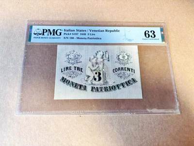 【Blue Auction】世界纸币精拍第785期——18级TOP拍卖/信誉/品质/专业/高效💫 -      【180小号 冠军分 少见 飞狮戳记】意大利 早期 威尼斯公国 1848年3里拉 PMG63 小天使