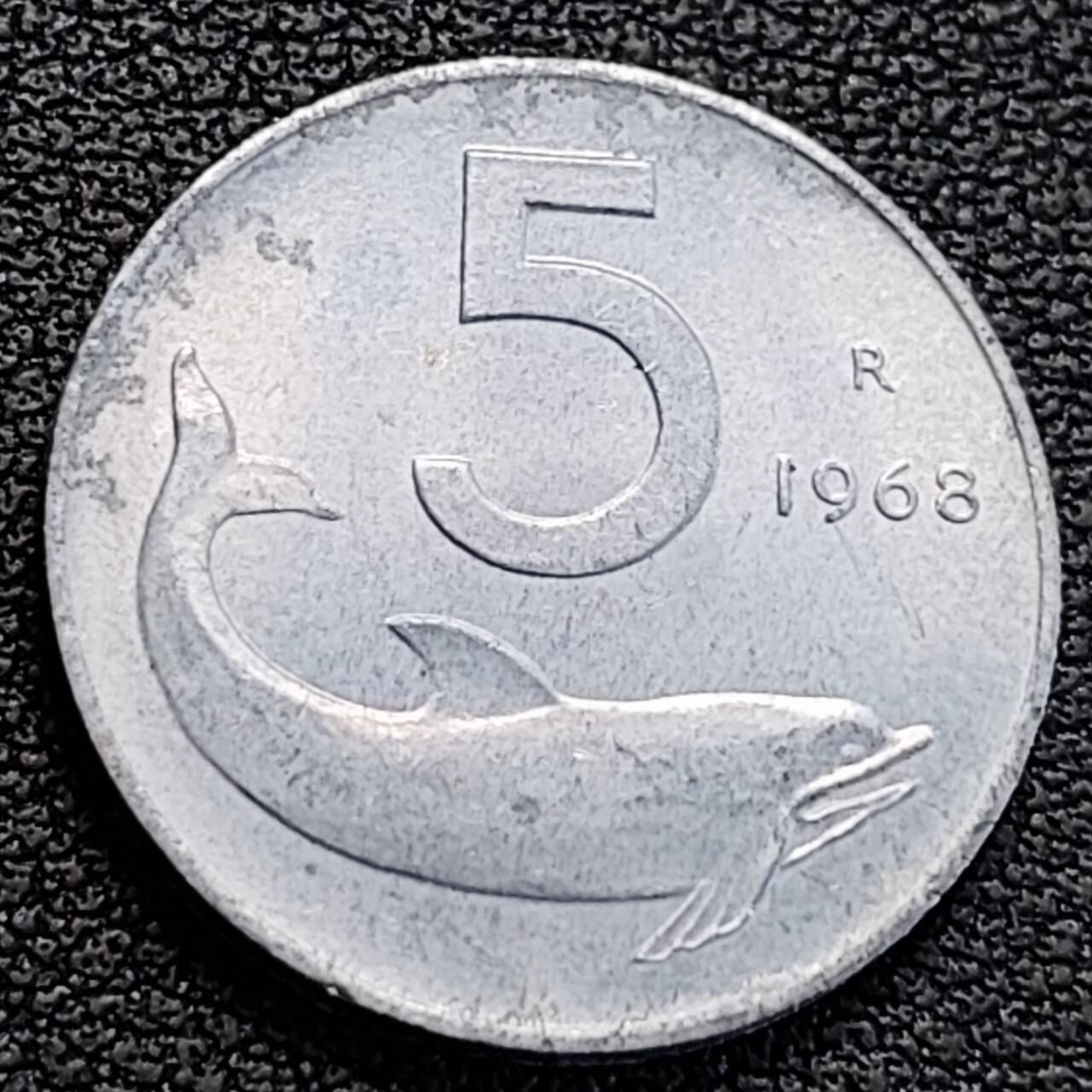 泉币菌-第186场- 小年快乐 精品福利场（本周五和之前的 2月14日发货） 1968年 意大利 5分铝制硬币 海豚 20mm 纪念币铜钱 