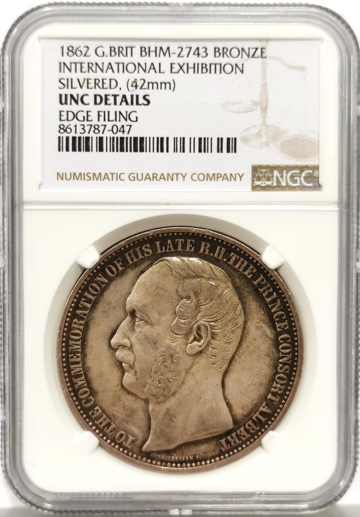 博洋堂蛇年收官专场暨第161期（全场包邮） NGC UNC 英国1862年伦敦国际博览会纪念铜镀银章，42mm，该展会是为了纪念已故的阿尔伯特亲王（维多利亚女王的丈夫），他正是1851年第一届万国博览会的发起者