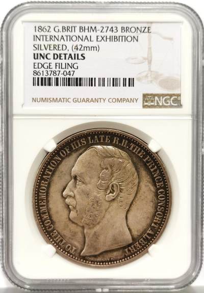 博洋堂蛇年收官专场暨第161期（全场包邮） - NGC UNC 英国1862年伦敦国际博览会纪念铜镀银章，42mm，该展会是为了纪念已故的阿尔伯特亲王（维多利亚女王的丈夫），他正是1851年第一届万国博览会的发起者