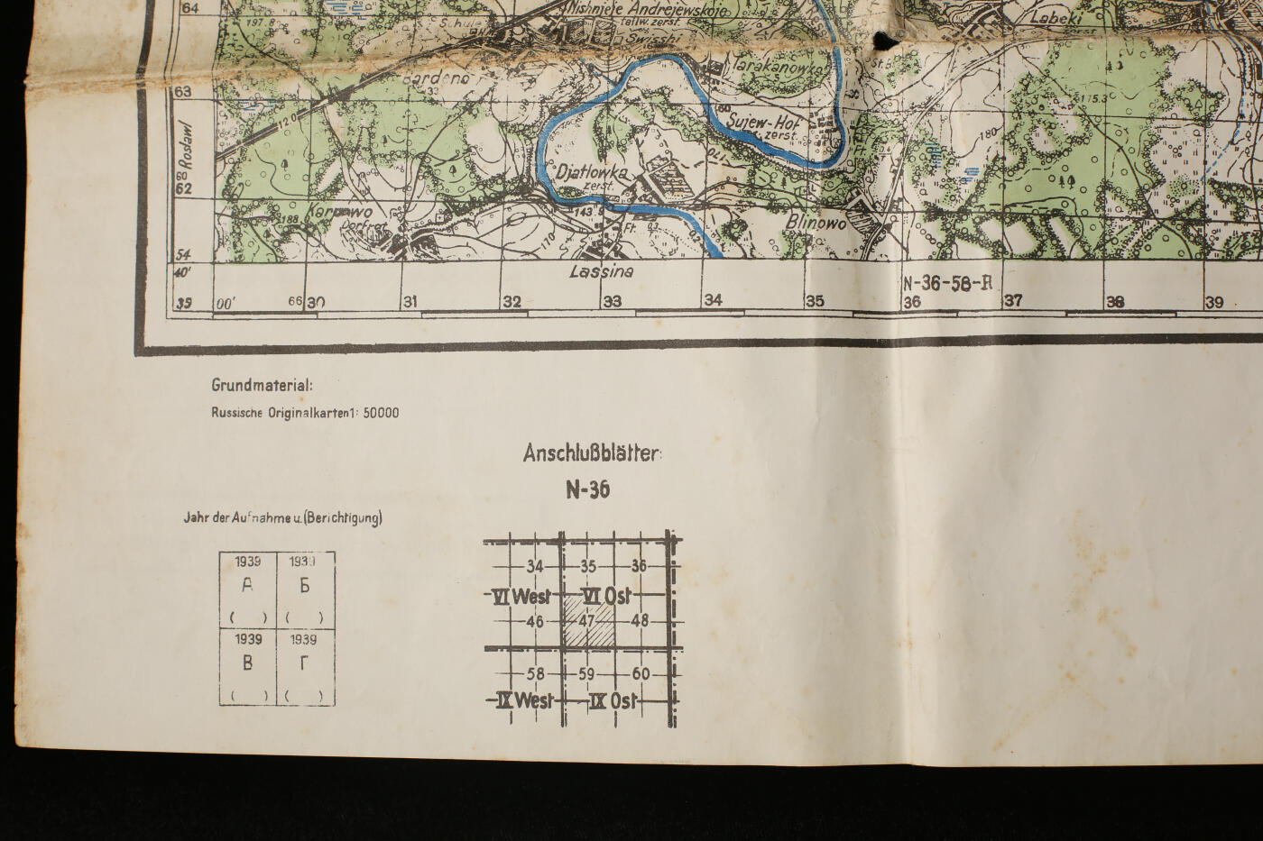 欢庆春节！戎马世界章牌大赏第112期春节大拍  德专场 德国陆军东线作战地图《尤赫诺夫 N-36-47》（莫斯科西南方），双比例军用地图（1:50,000 + 1:100,000），第4版（1942年7月），依据俄国原始测绘资料印制。巨巨巨巨大