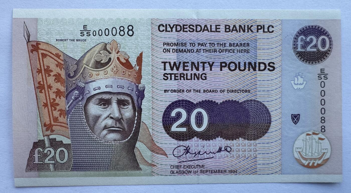 2026第3场（总第230期）：精品测试钞、外钞综合场 Spink拍品E/SS000088 苏格兰克莱斯戴尔银行1994年版20镑UNC