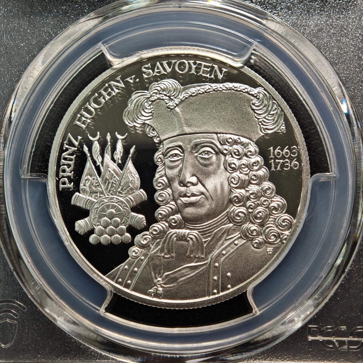 【德藏】世界币章拍卖第165期（拍品征集中~欢迎藏友联系） 2002年 奥地利巴洛克时期-尤金王子20欧精制纪念银币 PCGS PR69DCAM（900银 18g）