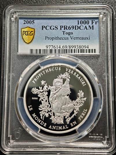【德藏】世界币章拍卖第165期（拍品征集中~欢迎藏友联系） - 2005年 多哥濒危野生动物-猴1000法郎精制纪念银币 PCGS PR69DCAM（999银 19.91g）