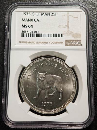 【德藏】世界币章拍卖第165期（拍品征集中~欢迎藏友联系） - 1975年 马恩岛猫系列25便士纪念镍币 NGC MS64