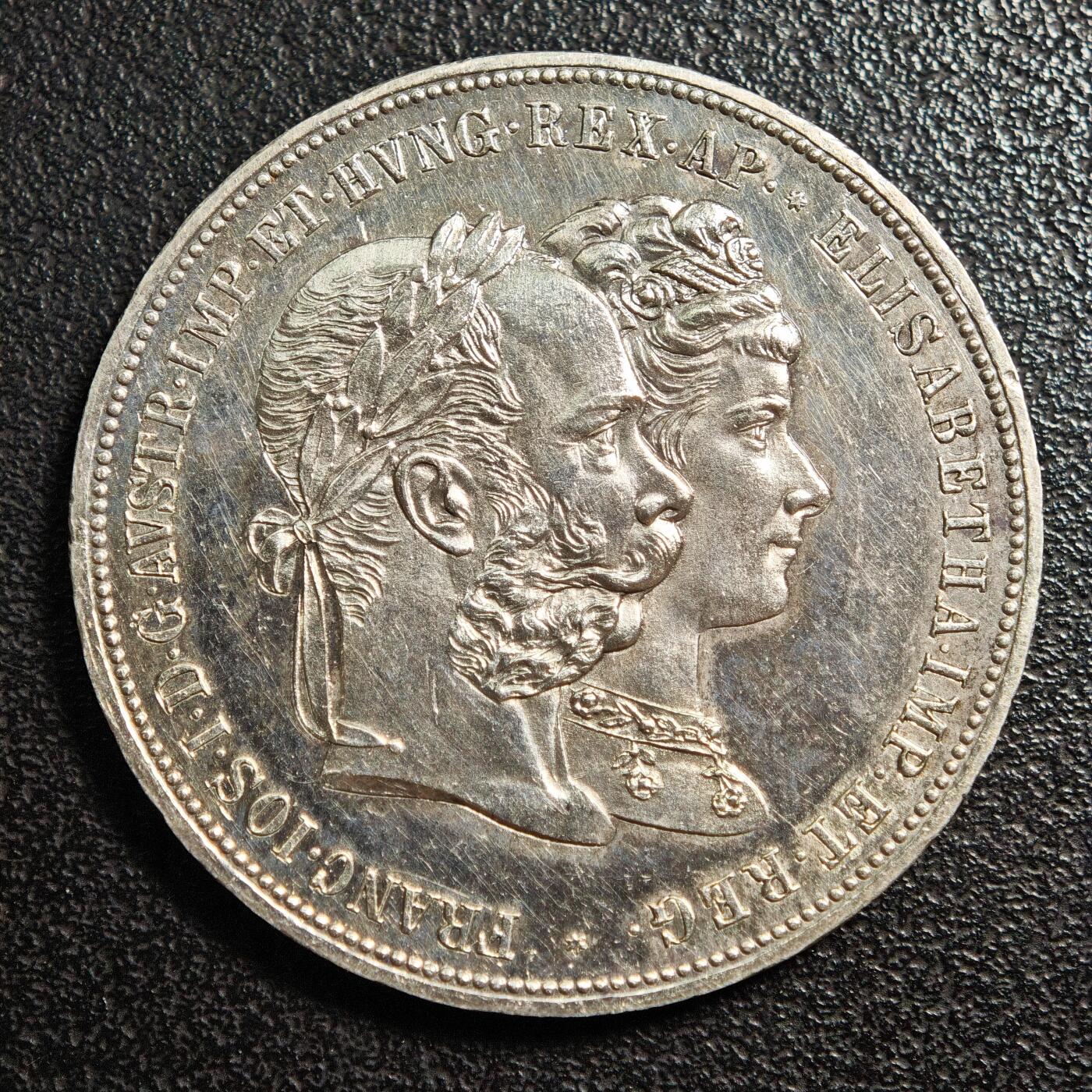 【德藏】世界币章拍卖第165期（拍品征集中~欢迎藏友联系） 1879年 奥匈帝国弗朗茨·约瑟夫一世与茜茜公主银婚纪念2弗洛林银币 直径约：36.1mm；重约：24.6g