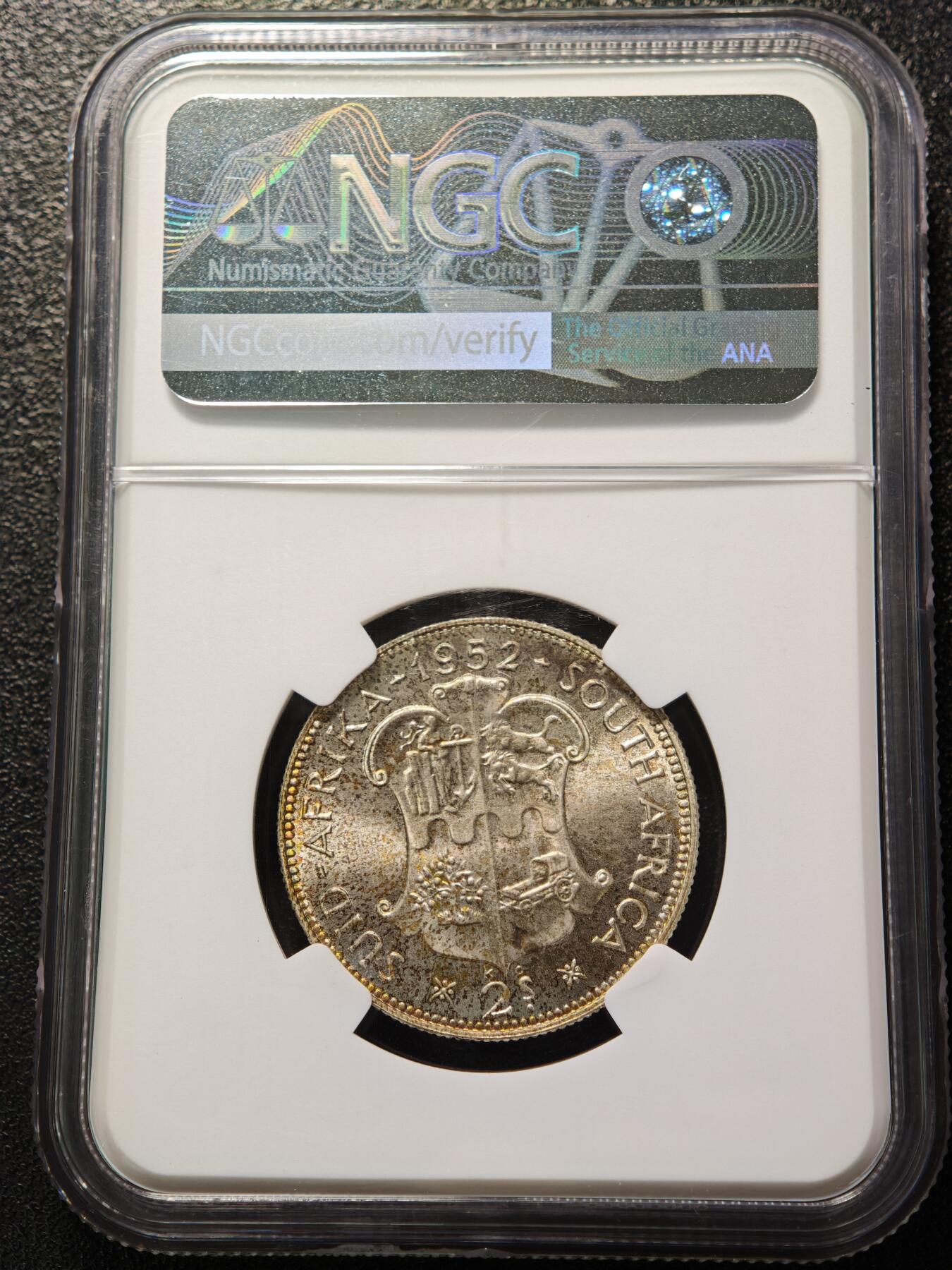 【德藏】世界币章拍卖第165期（拍品征集中~欢迎藏友联系） 1952年 英属南非乔治六世末年版2先令银币 NGC MS64