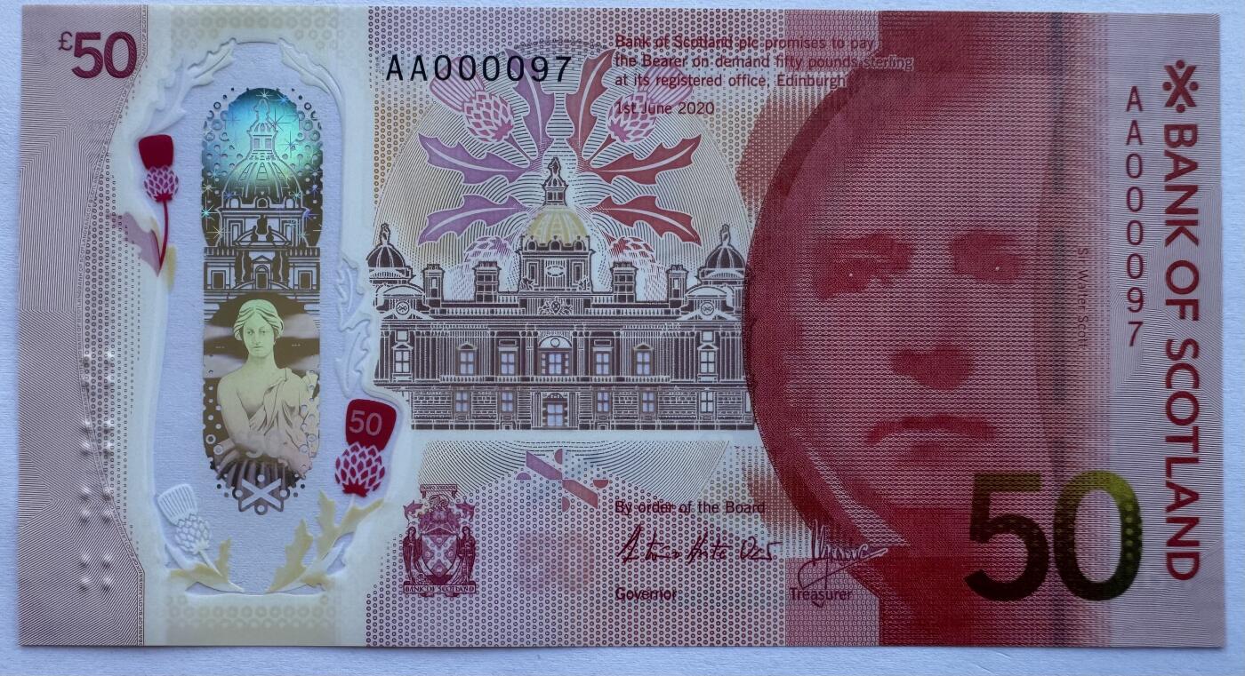 2026第3场（总第230期）：精品测试钞、外钞综合场 Spink拍品AA000097/苏格兰银行2020年版50镑塑料钞UNC