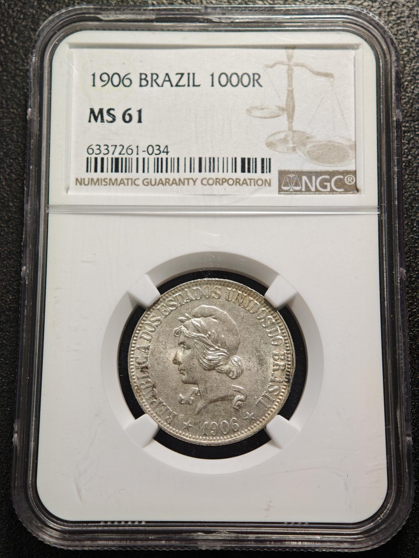 【德藏】世界币章拍卖第165期（拍品征集中~欢迎藏友联系） 1906年 巴西女神版1000瑞斯银币 NGC MS61