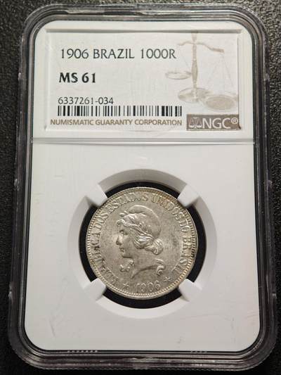 【德藏】世界币章拍卖第165期（拍品征集中~欢迎藏友联系） - 1906年 巴西女神版1000瑞斯银币 NGC MS61