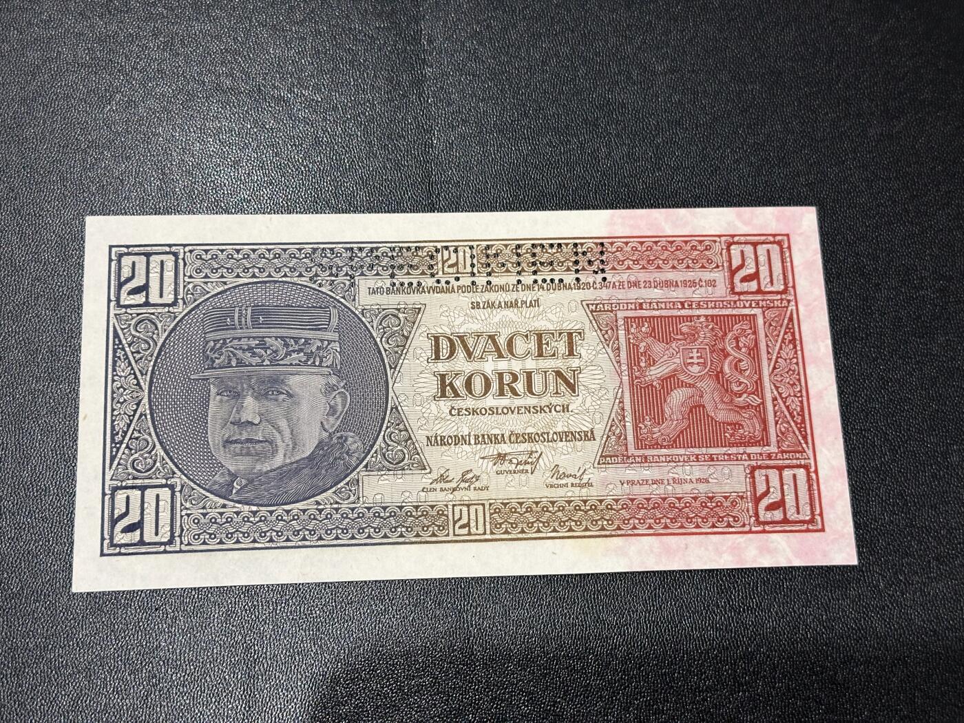 《外钞收藏家》第六百一十期（新年假期场/年后快递恢复正常再发货）（长期征集拍品、欢迎藏友们联系合作） 1920年捷克斯洛伐克20克朗 样钞 全新 轻微荧光不绝