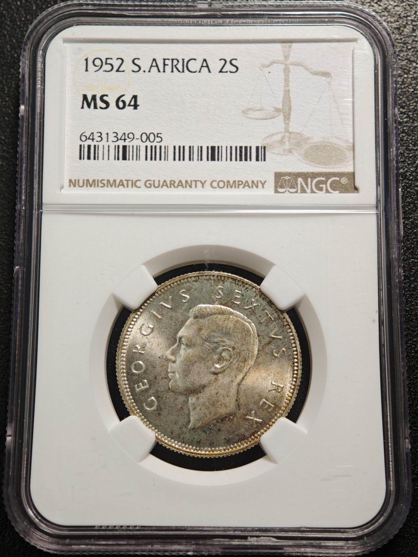 【德藏】世界币章拍卖第165期（拍品征集中~欢迎藏友联系） 1952年 英属南非乔治六世末年版2先令银币 NGC MS64