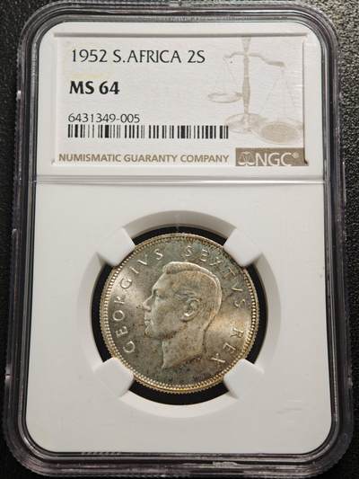 【德藏】世界币章拍卖第165期（拍品征集中~欢迎藏友联系） - 1952年 英属南非乔治六世末年版2先令银币 NGC MS64
