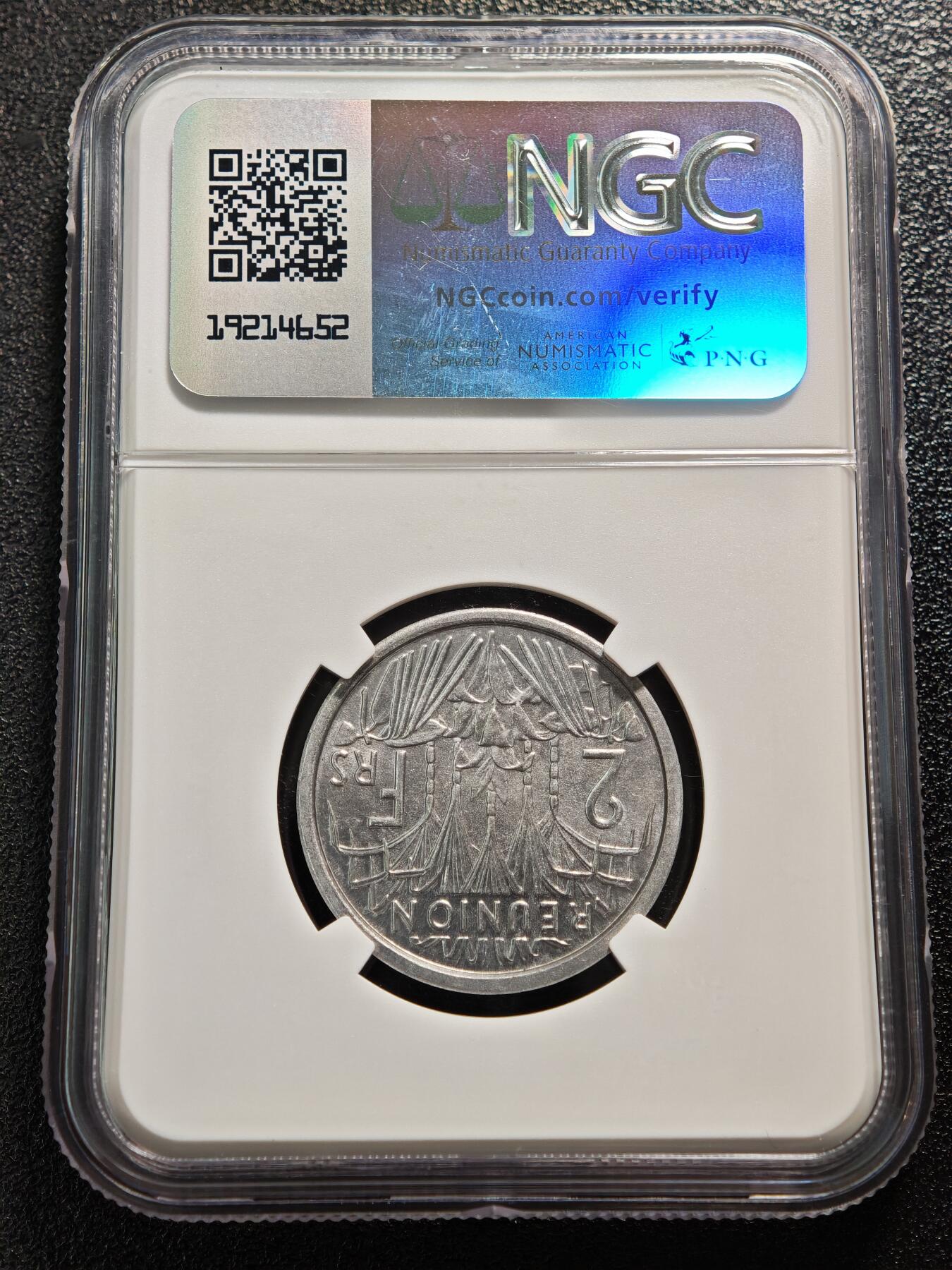 【德藏】世界币章拍卖第165期（拍品征集中~欢迎藏友联系） 1948年 法属留尼旺2法郎铝币 NGC MS65