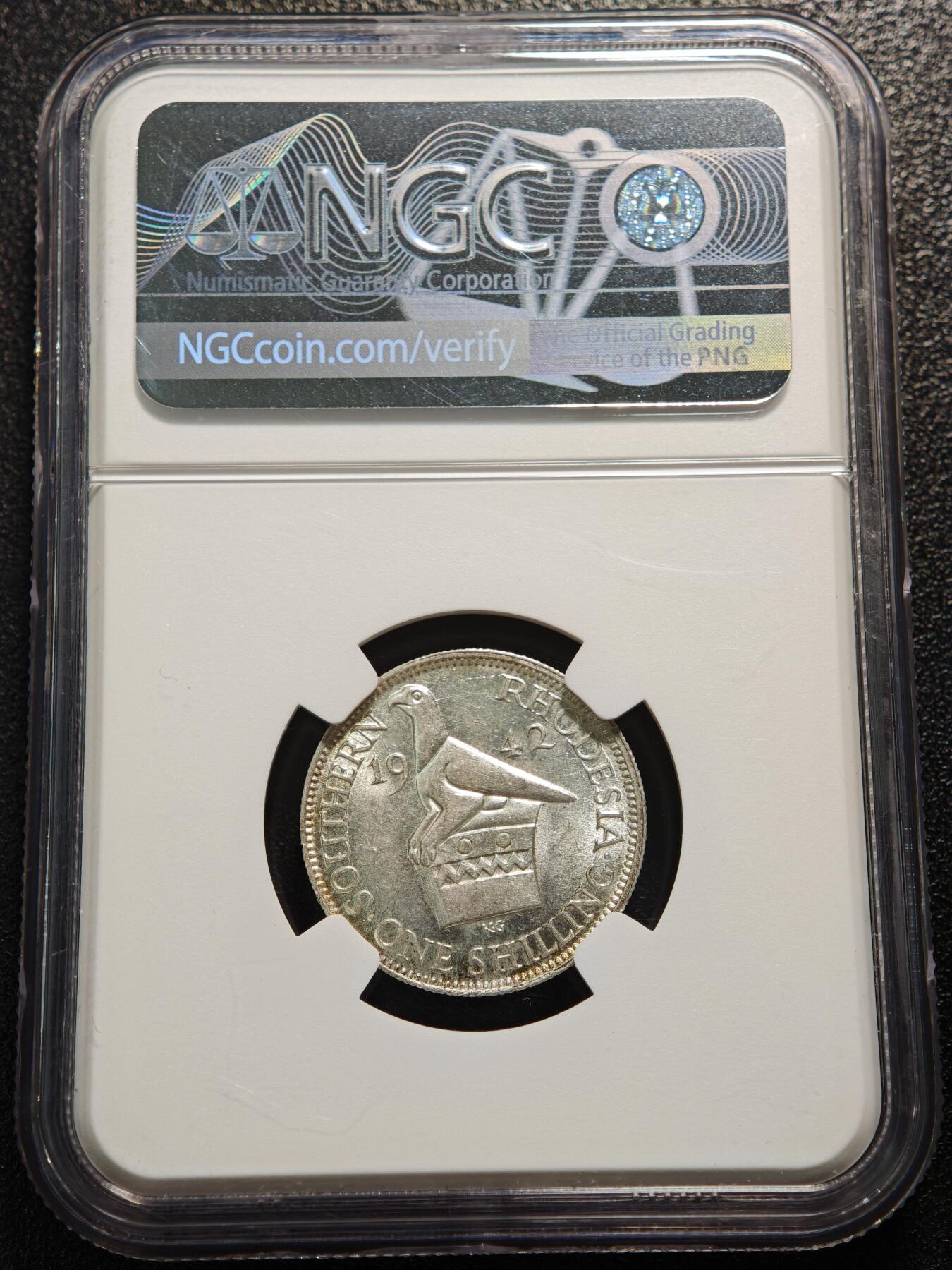 【德藏】世界币章拍卖第165期（拍品征集中~欢迎藏友联系） 1942年 英属南罗德西亚乔治六世1先令银币 NGC MS61