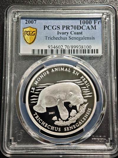 【德藏】世界币章拍卖第165期（拍品征集中~欢迎藏友联系） - 满分！2007年 科特迪瓦海象100法郎精制纪念银币 PCGS PR70DCAM