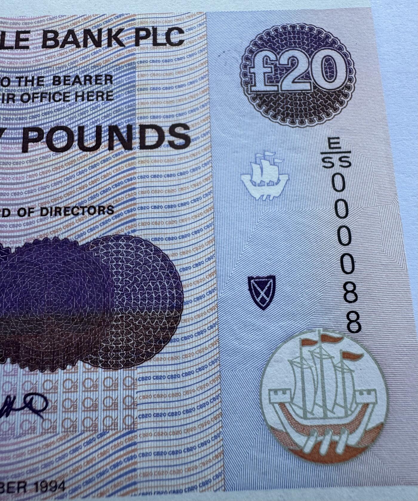 2026第3场（总第230期）：精品测试钞、外钞综合场 Spink拍品E/SS000088 苏格兰克莱斯戴尔银行1994年版20镑UNC