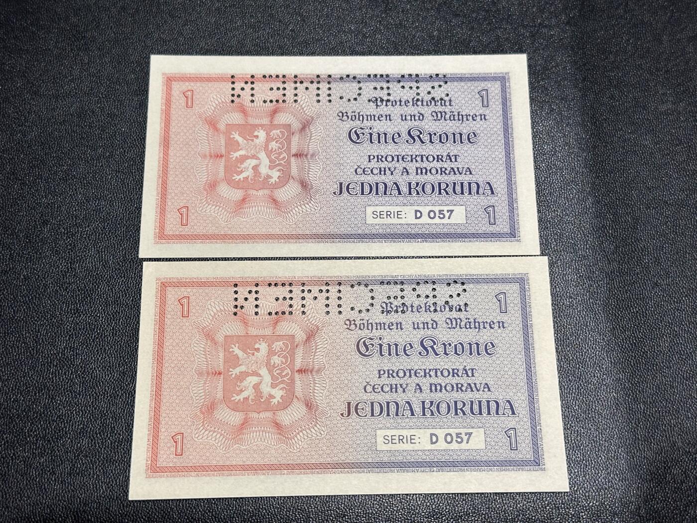 《外钞收藏家》第六百一十期（新年假期场/年后快递恢复正常再发货）（长期征集拍品、欢迎藏友们联系合作） 波希米亚和摩拉维亚1克朗 2张样钞 1张全新一张角有折