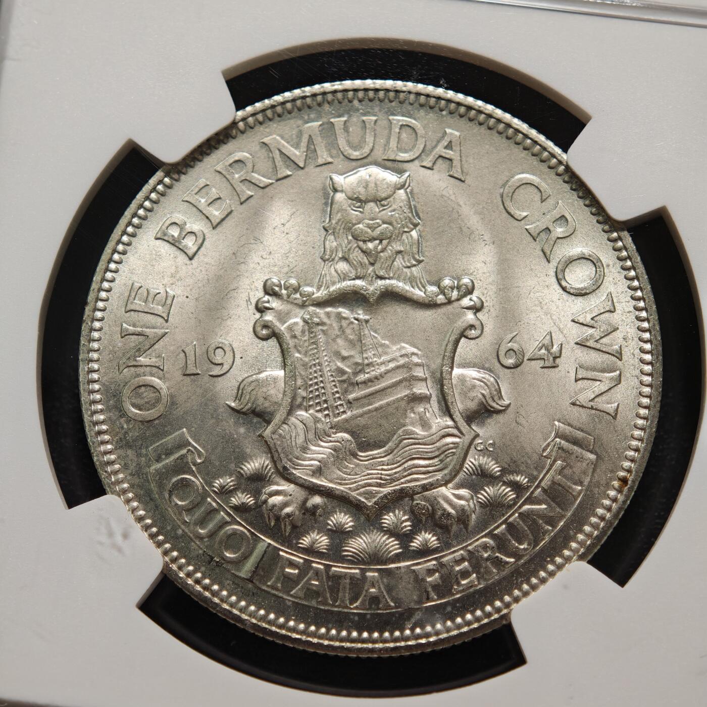 【德藏】世界币章拍卖第165期（拍品征集中~欢迎藏友联系） 1964年 英属百慕大伊丽莎白国徽版1克朗银币 NGC MS65