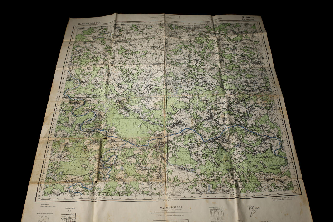 欢庆春节！戎马世界章牌大赏第112期春节大拍  德专场 德国陆军东线作战地图《尤赫诺夫 N-36-47》（莫斯科西南方），双比例军用地图（1:50,000 + 1:100,000），第4版（1942年7月），依据俄国原始测绘资料印制。巨巨巨巨大