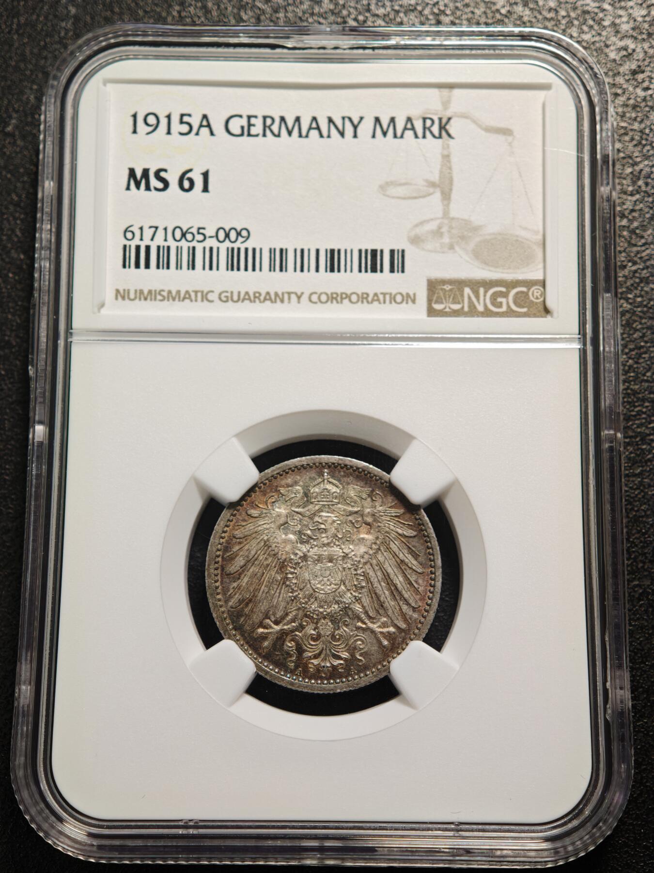 【德藏】世界币章拍卖第165期（拍品征集中~欢迎藏友联系） 1915年 德国威廉二世A版1马克银币 NGC MS61
