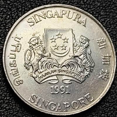 泉币菌-第188场- 迎 情人节专场 本场拍品多 请提前出价（本周五和之前拍的 2月14日发货） - 1991 高币值 新加坡20分 绒球花 高盾徽版 直径21.36mm