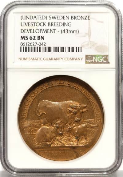 博洋堂蛇年收官专场暨第161期（全场包邮） - NGC MS62BN 瑞典畜牧业育种铜质奖章，43mm，加厚盒