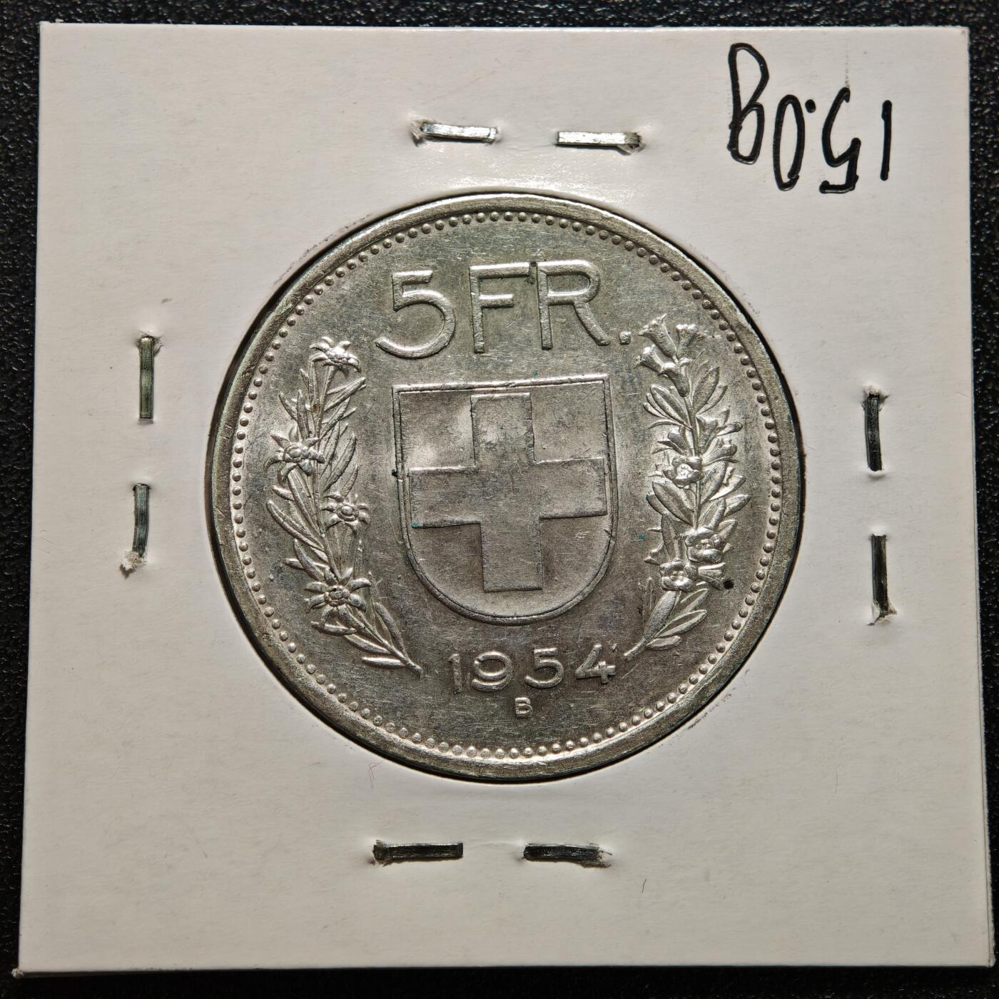 【德藏】世界币章拍卖第165期（拍品征集中~欢迎藏友联系） 老藏家集藏系列之-1954年 瑞士5法郎银币 835银 直径约：31.4mm；重约：15g 入册20余年·附有当年购入价