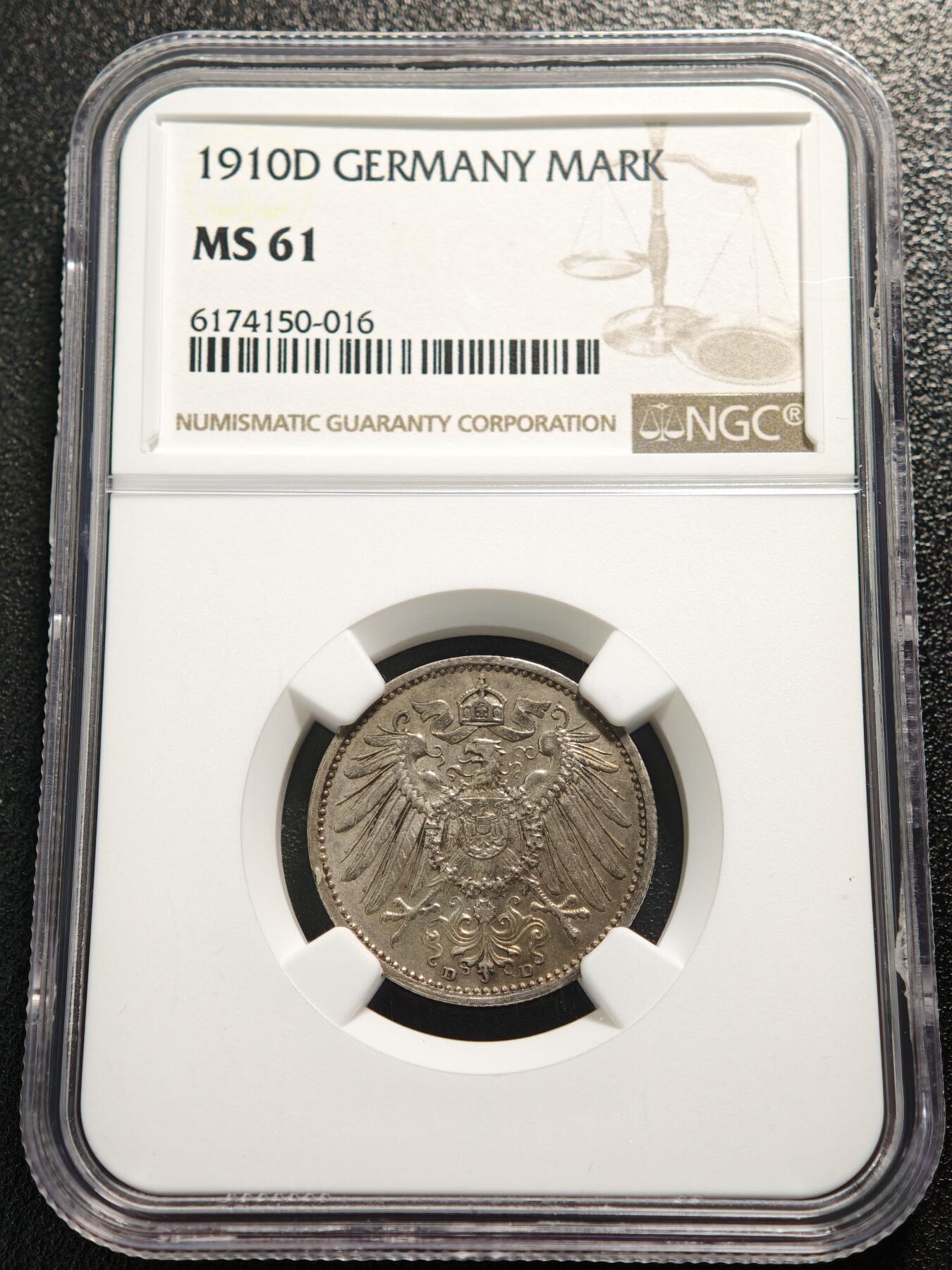 【德藏】世界币章拍卖第165期（拍品征集中~欢迎藏友联系） 1910年 德国威廉二世D版1马克银币 NGC MS61
