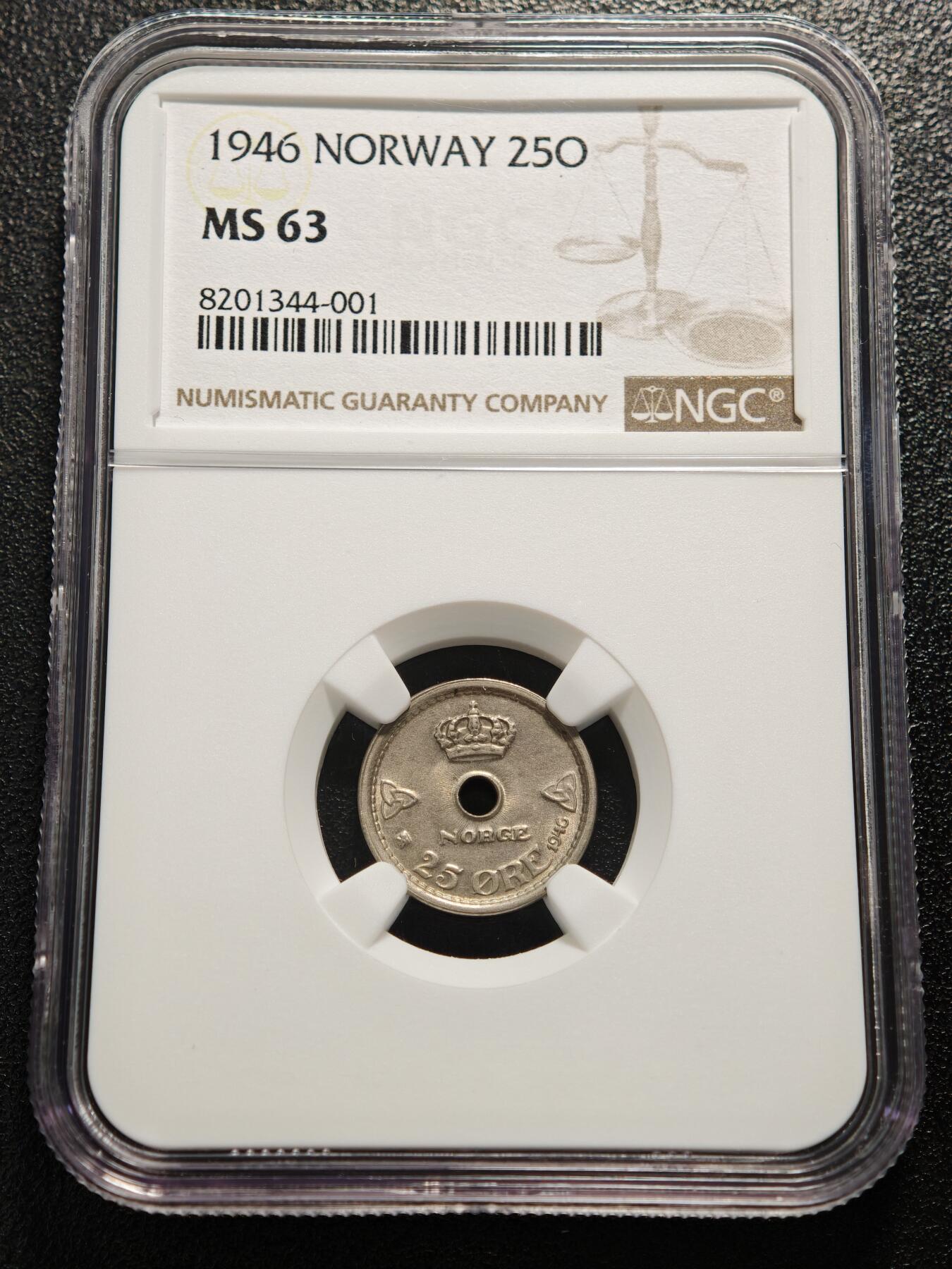 【德藏】世界币章拍卖第165期（拍品征集中~欢迎藏友联系） 1946年 挪威25欧尔镍币 NGC MS63