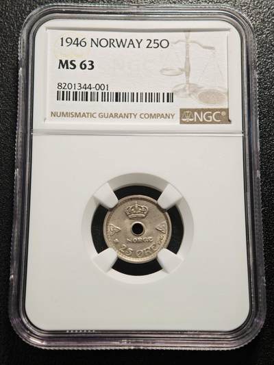 【德藏】世界币章拍卖第165期（拍品征集中~欢迎藏友联系） - 1946年 挪威25欧尔镍币 NGC MS63
