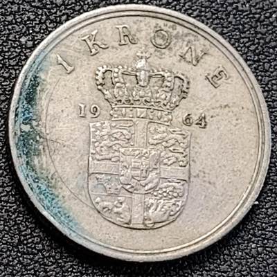 泉币菌-第188场- 迎 情人节专场 本场拍品多 请提前出价（本周五和之前拍的 2月14日发货） - 丹麦1964年1克朗 皇冠 弗雷德里克九世国王 25.5mm