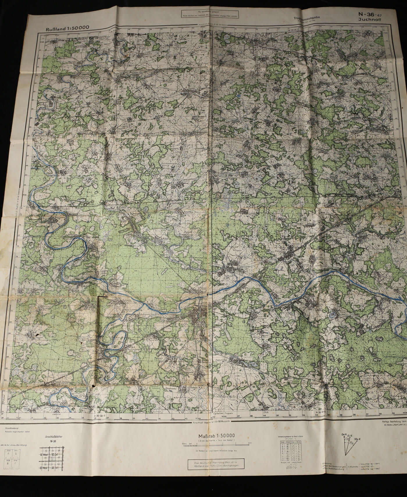 欢庆春节！戎马世界章牌大赏第112期春节大拍  德专场 德国陆军东线作战地图《尤赫诺夫 N-36-47》（莫斯科西南方），双比例军用地图（1:50,000 + 1:100,000），第4版（1942年7月），依据俄国原始测绘资料印制。巨巨巨巨大