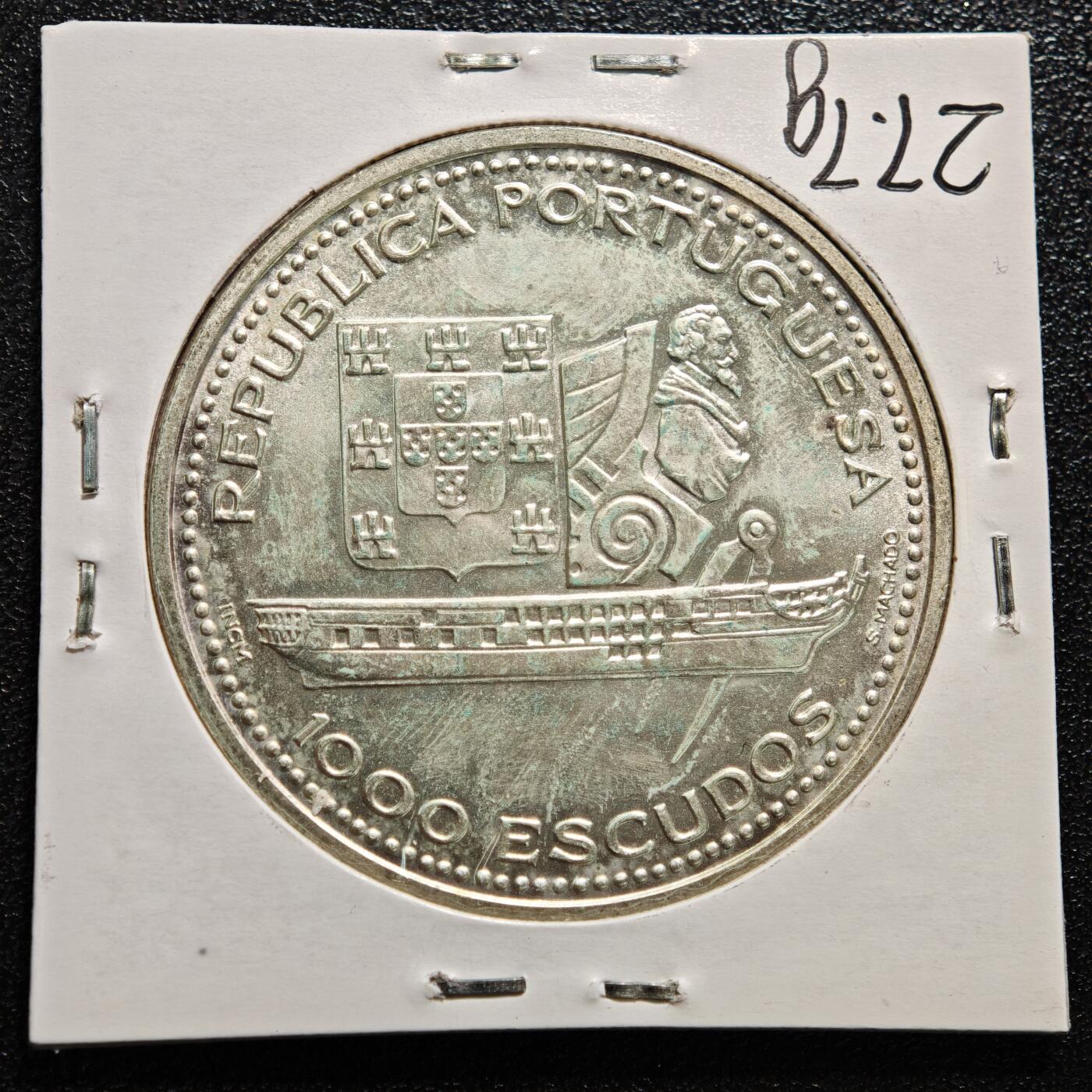 【德藏】世界币章拍卖第165期（拍品征集中~欢迎藏友联系） 老藏家集藏系列之- 1996年 葡萄牙斐迪南二世护卫舰1000埃斯库多纪念银币 直径约：40mm；重约：28g 入册20余年·附有当年购入价