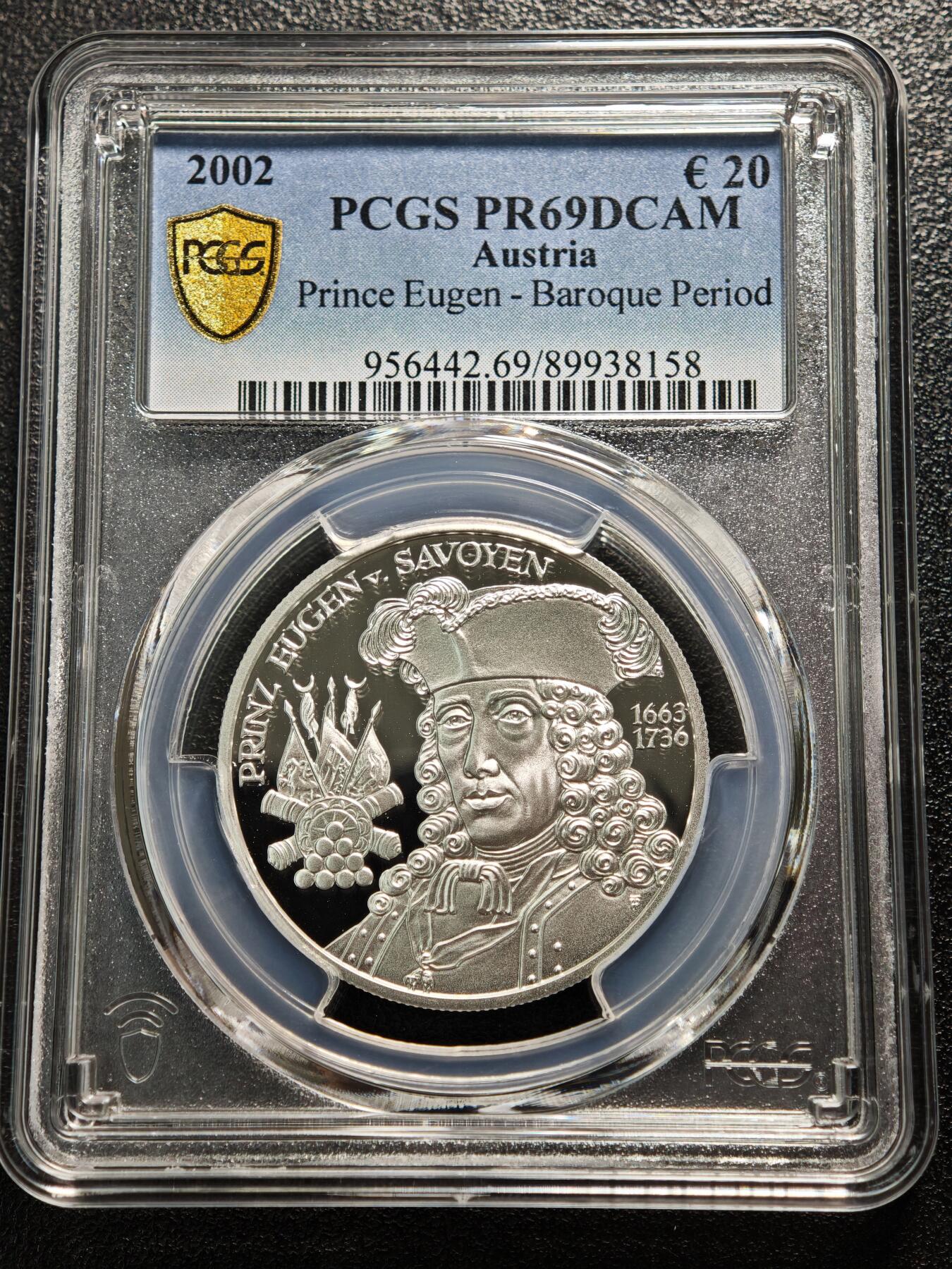 【德藏】世界币章拍卖第165期（拍品征集中~欢迎藏友联系） 2002年 奥地利巴洛克时期-尤金王子20欧精制纪念银币 PCGS PR69DCAM（900银 18g）
