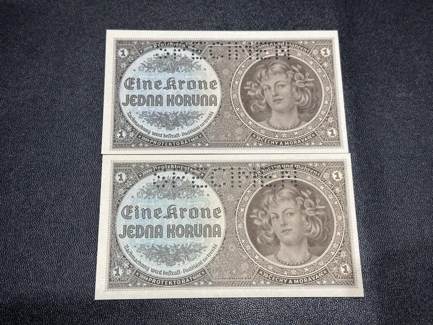 《外钞收藏家》第六百一十期（新年假期场/年后快递恢复正常再发货）（长期征集拍品、欢迎藏友们联系合作） 波希米亚和摩拉维亚1克朗 2张样钞 1张全新一张角有折