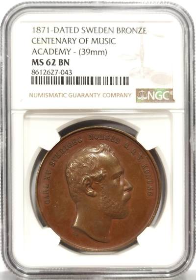 博洋堂蛇年收官专场暨第161期（全场包邮） - NGC MS62BN 瑞典1871年皇家音乐学院成立百年纪念铜章，39mm，加厚盒