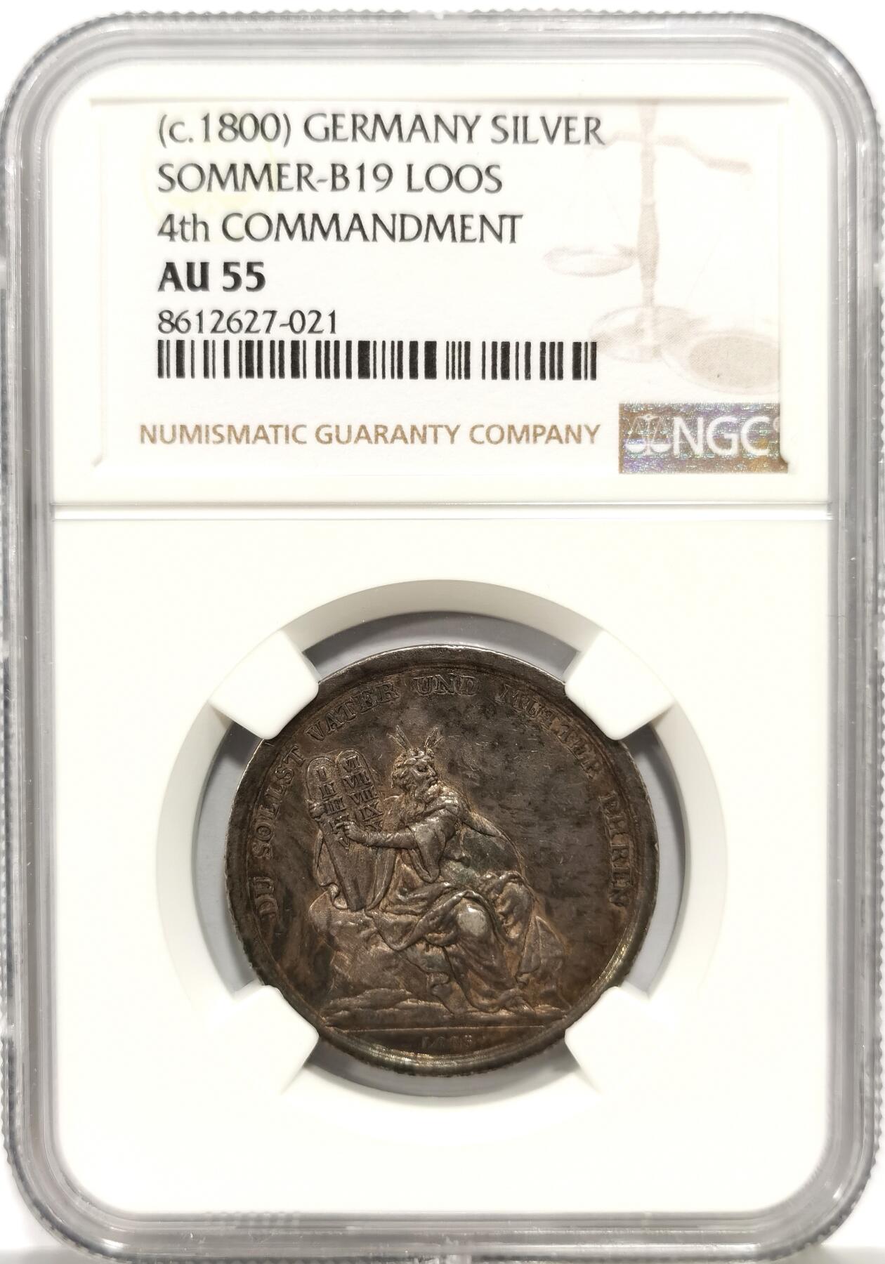 博洋堂蛇年收官专场暨第161期（全场包邮） NGC AU55 德国1800年“十诫系列”第四条诫命“当守安息日为圣日”银章，LOOS作品