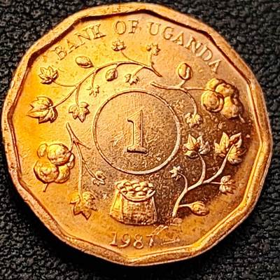 泉币菌-第188场- 迎情人节专场 本场拍品多 请提前出价（本周五和之前拍的 2月14日发货） - 原铜光极美 枝叶 乌干达1987年1先令硬币 19.87毫米 4.3克 铜钱纪念币