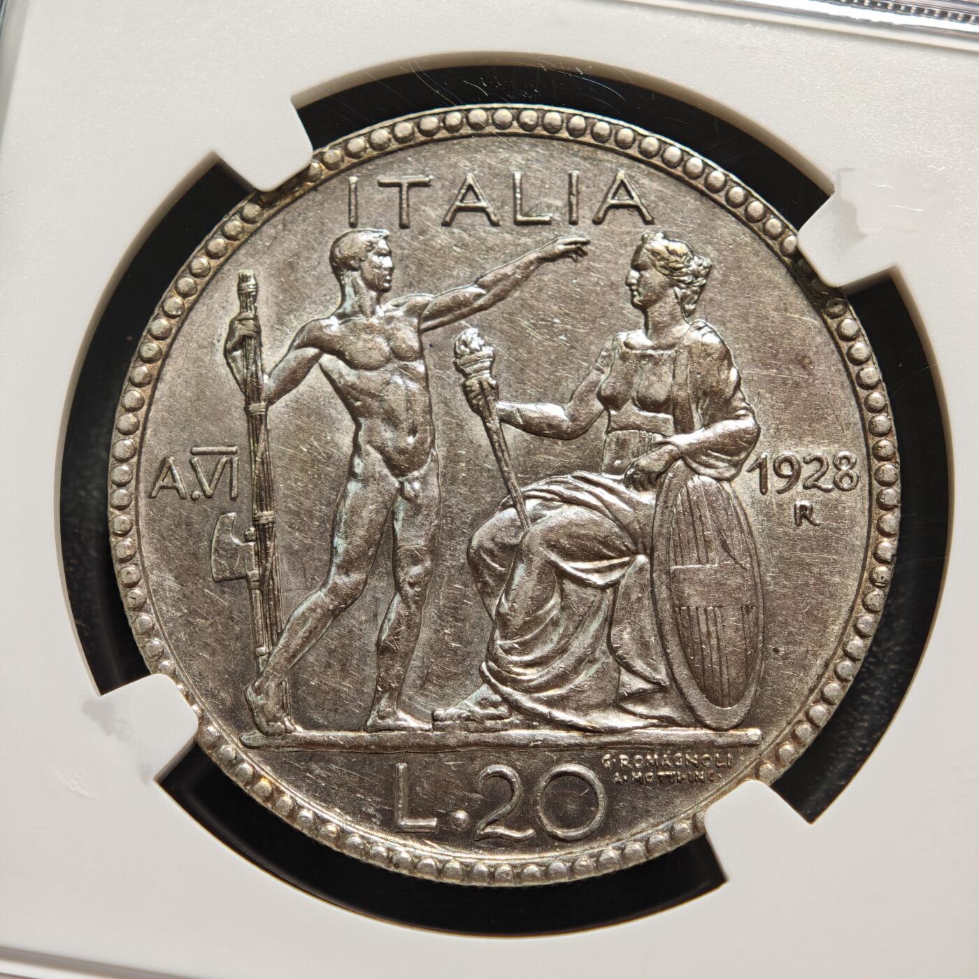 【德藏】世界币章拍卖第165期（拍品征集中~欢迎藏友联系） 1928年 意大利伊曼纽尔三世20里拉银币 NGC AU55