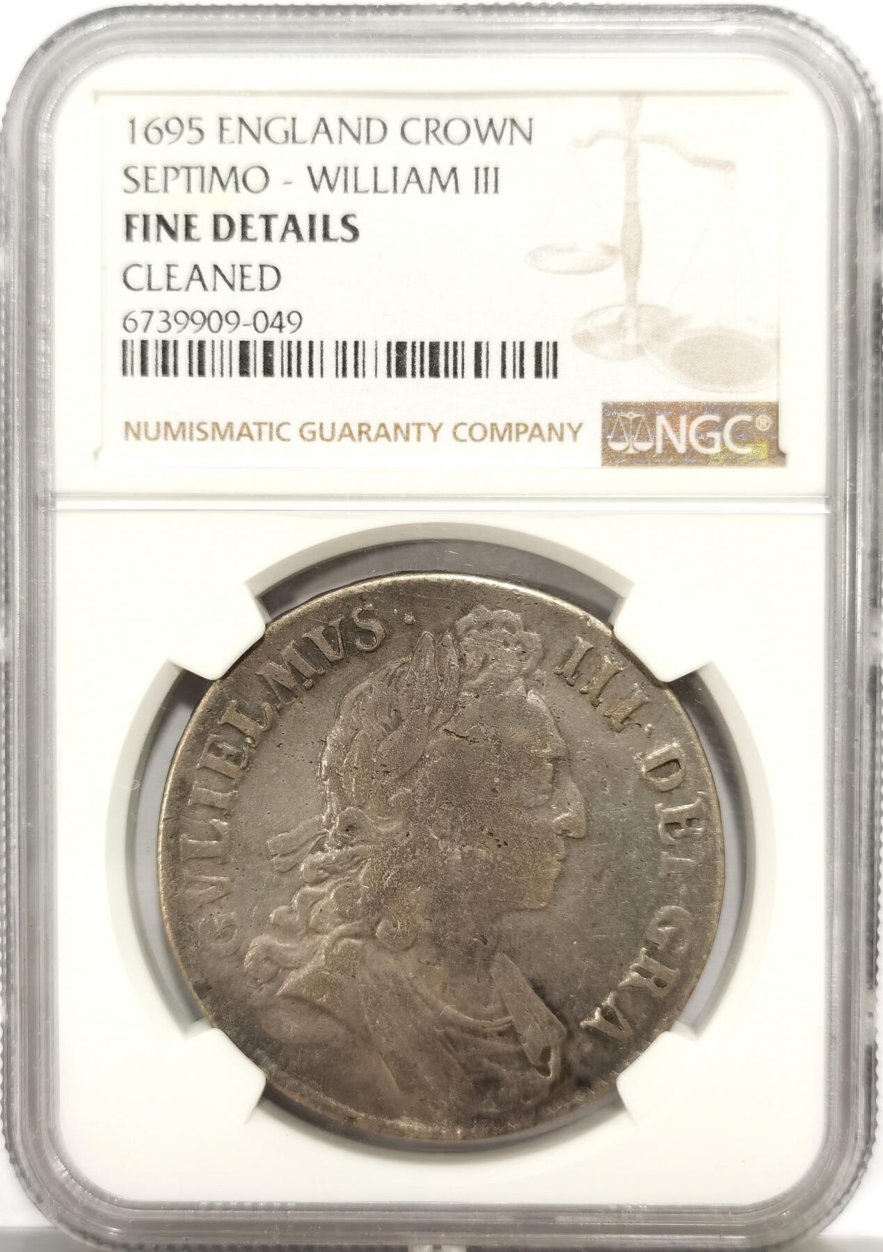 博洋堂蛇年收官专场暨第161期（全场包邮） NGC Fine 英国1695年威廉三世1克朗大银币，300多年的大银，细节不错，凑品种必备