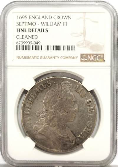 博洋堂蛇年收官专场暨第161期（全场包邮） - NGC Fine 英国1695年威廉三世1克朗大银币，300多年的大银，细节不错，凑品种必备