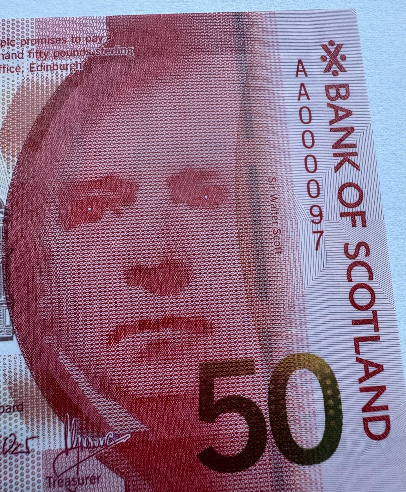 2026第3场（总第230期）：精品测试钞、外钞综合场 Spink拍品AA000097/苏格兰银行2020年版50镑塑料钞UNC