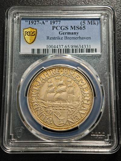 【德藏】世界币章拍卖第165期（拍品征集中~欢迎藏友联系） - 1977年 德国纪念不莱梅港成立150周年纪念"5马克"银章 PCGS MS65
